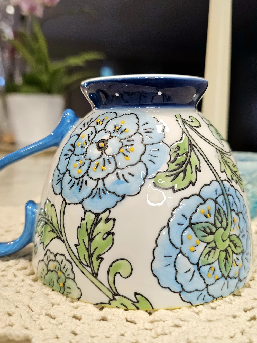 Blue Handpainted Floral Ceramuc Mug Pedestal Base Garden Teacup Special Moments